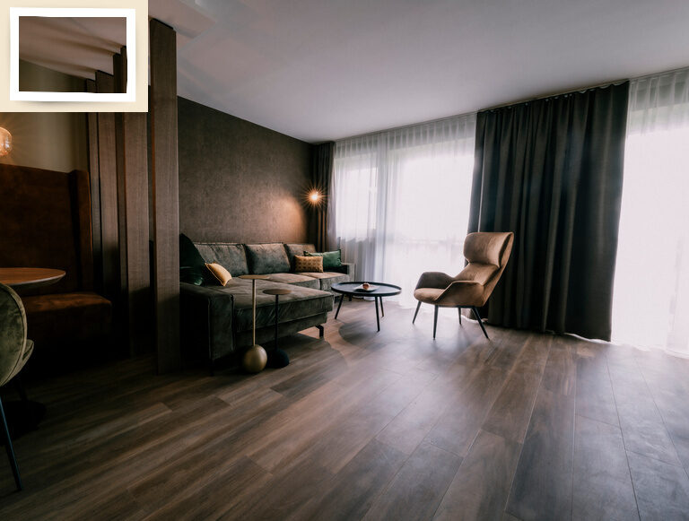 Suite golden delicious mit gemütlicher luxuriöser Ausstattung im Sporthotel Holzapfel in Niederbayern.